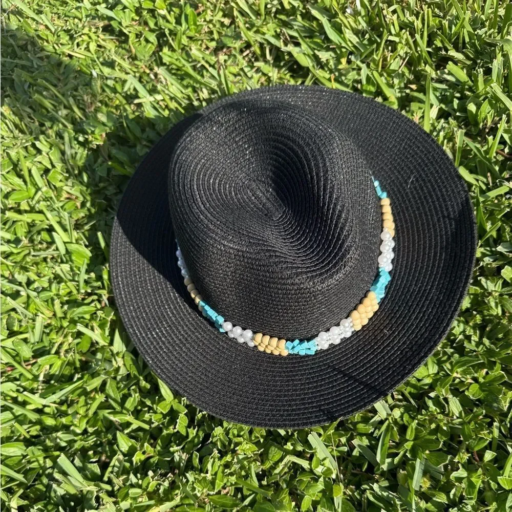 Black Hat BRAND NEW Hand Beaded Trim Band - Blue and Tan Beads